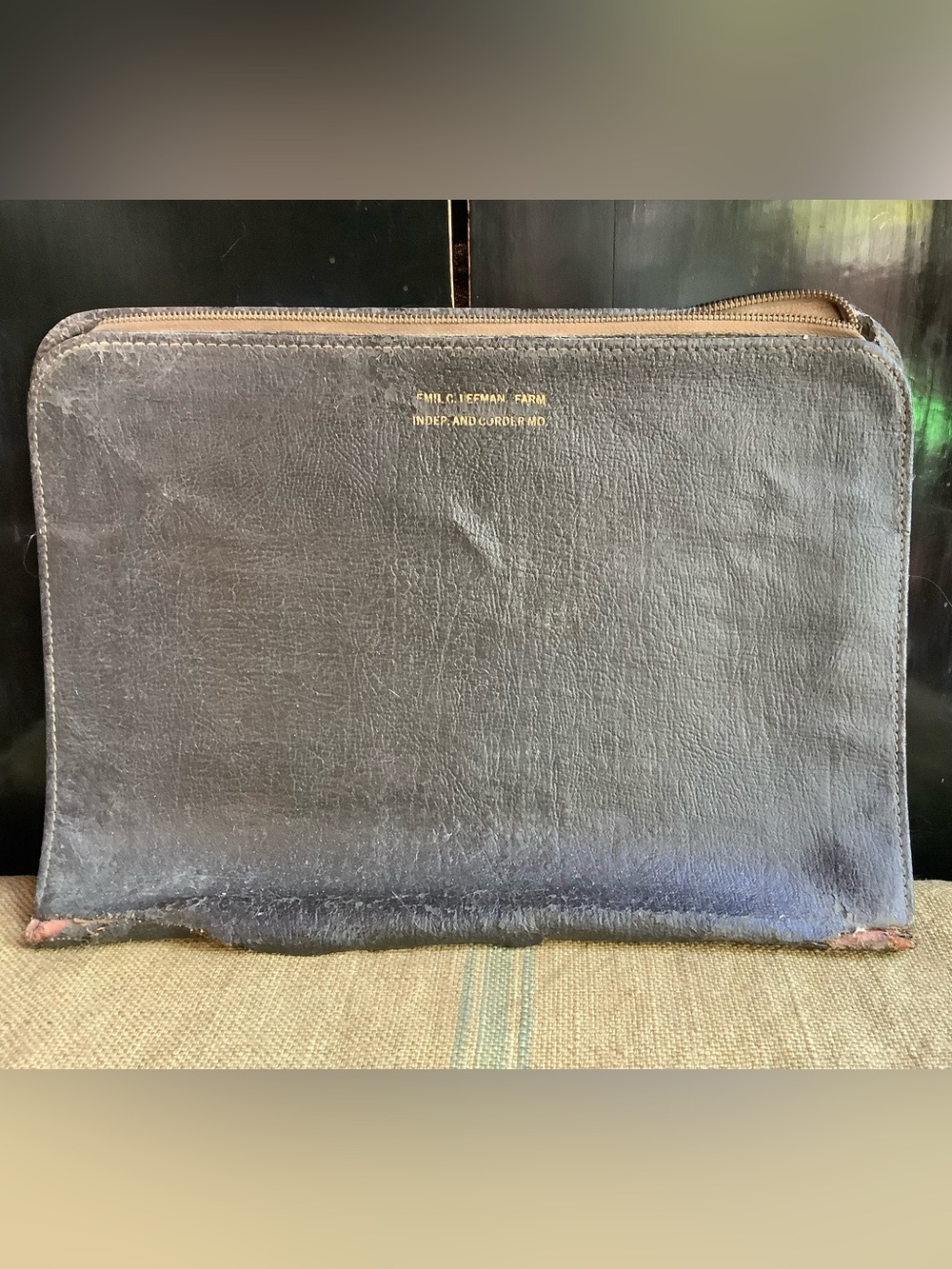 Antique Leather Portfolio Gold Embossed Lettering Distressed